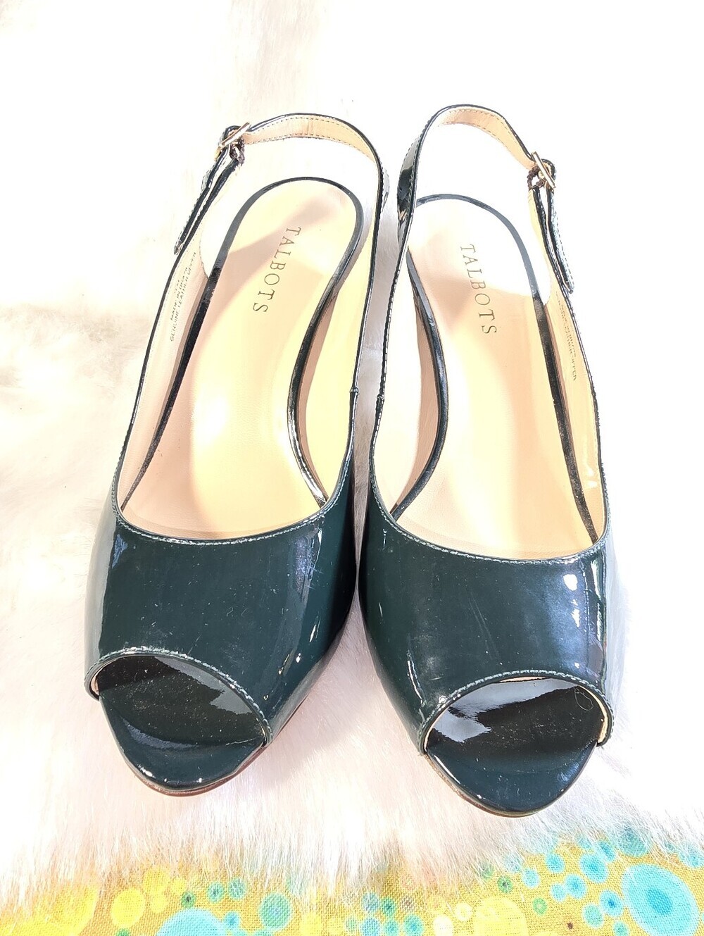 Talbots Women’s Forest Green Patent Slingback Peep-Toe Heels